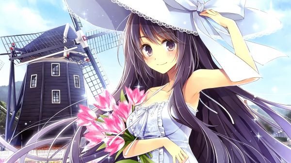 animeflickor, illustration, blommor, långt hår, anime, brunett