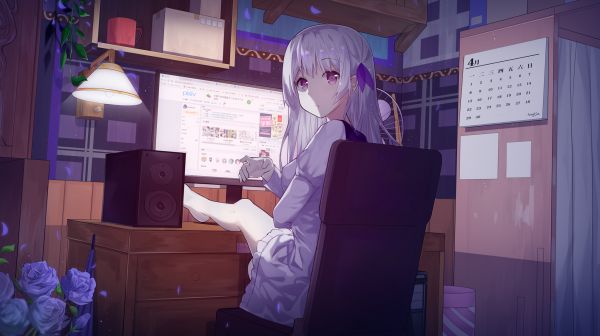 anime,gadis anime,Monitor,speaker,kursi,wanita di dalam ruangan