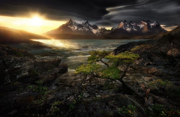 luz de sol, Árboles, paisaje, montañas, puesta de sol, oscuro