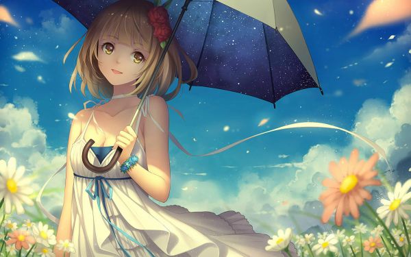 ilustração, Anime, Meninas anime, Guarda-chuva, flor, Brinquedo