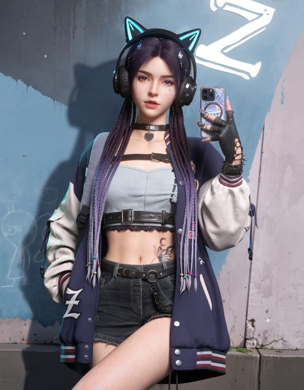 purple hair,headphones,euginnx Wu,CGI,women,graffiti