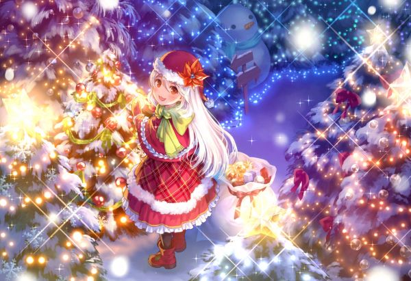 anime girls, anime, christmas clothes, christmas lights, lights, Christmas Tree