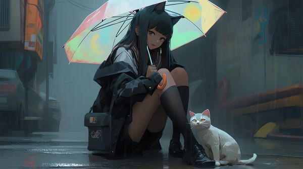 anime girls,gatti,animali,anime,seduta,ombrello