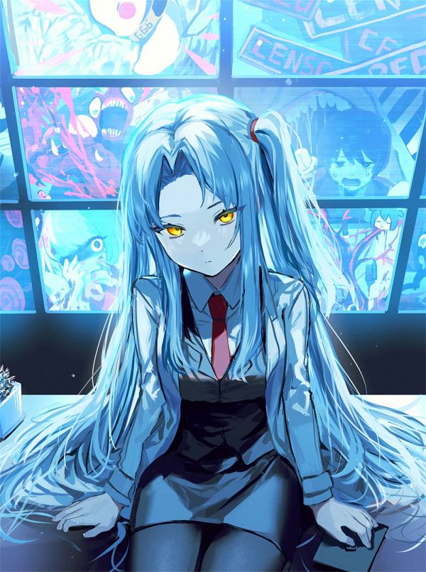 ProjectMoon,Lobotomy Corporation,animemeisjes,lang haar,kijken naar kijker,blauw haar