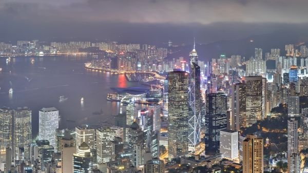 Stadt, Stadtbild, Hongkong, Nacht-, Landschaft, Gebäude