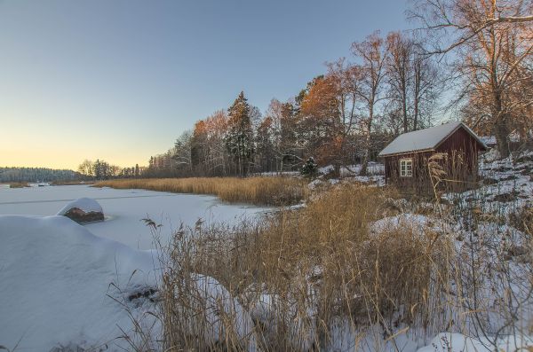 landskap, solnedgång, sjö, natur, reflexion, snö