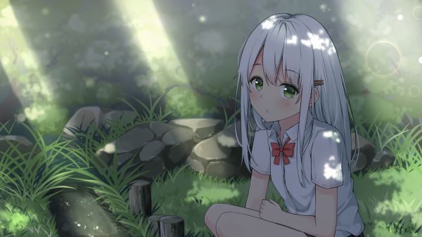 アニメの女の子,アートワーク,緑の目,白髪,夏,悲しい