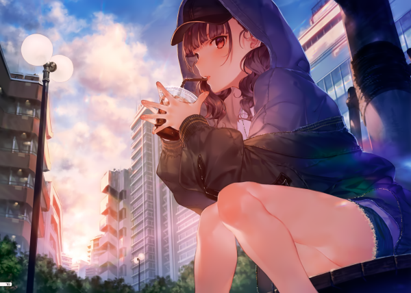 anime girls,hot pants,soda,baseball cap,hoods