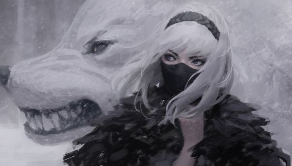 women,fantasy girl,white,wolf,white hair,headband