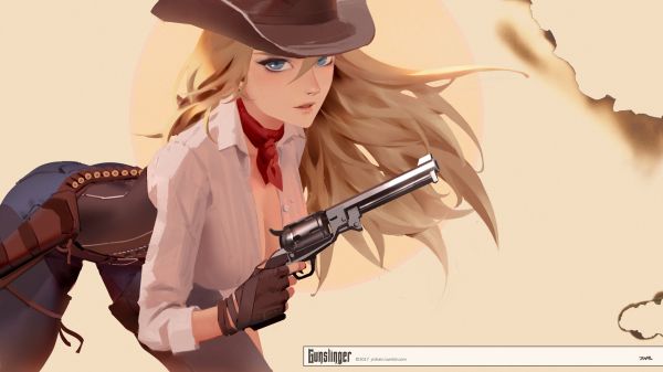 cowboy hatte,cowgirl,1920x1080 px,blond,blå øjne,piger med pistoler