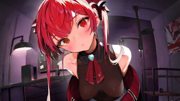 anime girls,heterochromia,redhead,red eyes,blushing,Houshou Marine