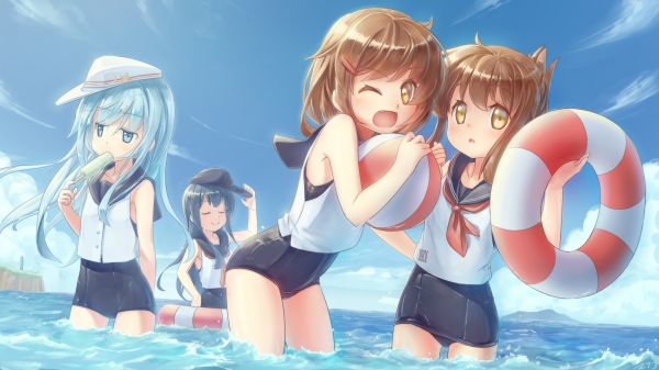 Akatsuki KanColle,Hibiki KanColle,Ikazuchi KanColle,Inazuma KanColle,cer,school swimsuit