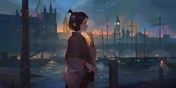 Brygge,solnedgang,anime jenter,ace attorney,Susato Mikotoba,The Great Ace Attorney