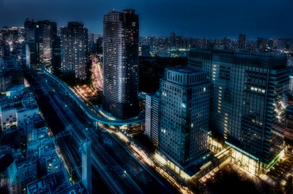 Japão, cidade, Paisagem urbana, noite, Photoshop, céu