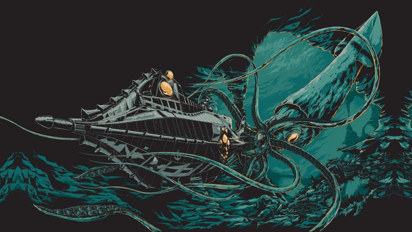 tegning, illustration, Digital kunst, Havmonster, Sort baggrund, hav, undervands-, trække på, blæksprutte, 20000 ligaer under havet, Jules Verne, undervandsbåd, KUNST, skitse, fiktiv karakter