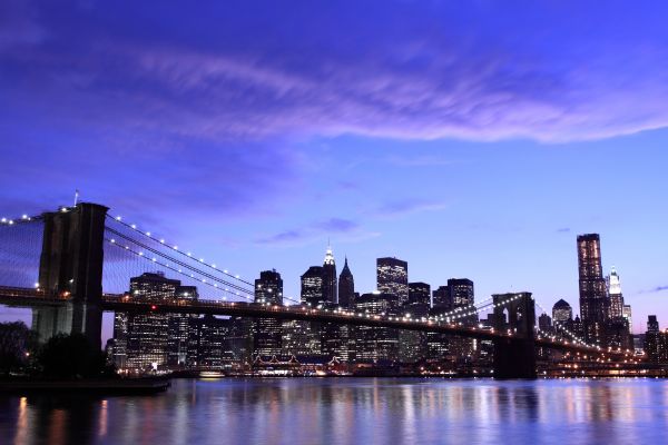 New York City,Brooklyn Bridge,lys,kveld,himmel,skyer