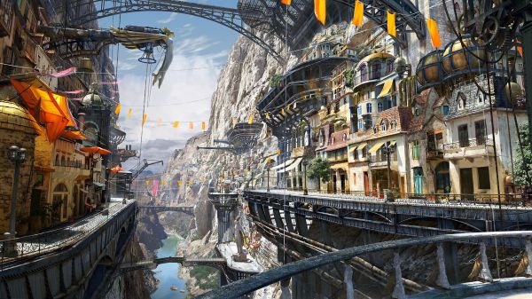 art numérique,ville,Paysage urbain,hiver,ouvrages d'art,Steampunk