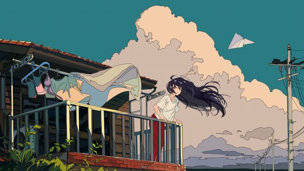 雲,空,布,建物,デジタルアート