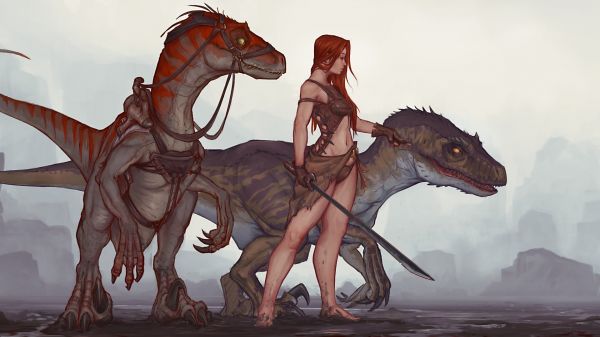 dragon, dinosaurs, illustration, women, Ark Survival Evolved, raptor