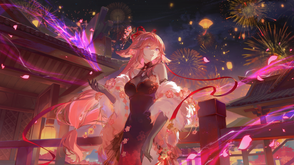 Genshin Impact,opera d'arte,Yae Miko Genshin Impact,anime,anime girls,capelli rosa