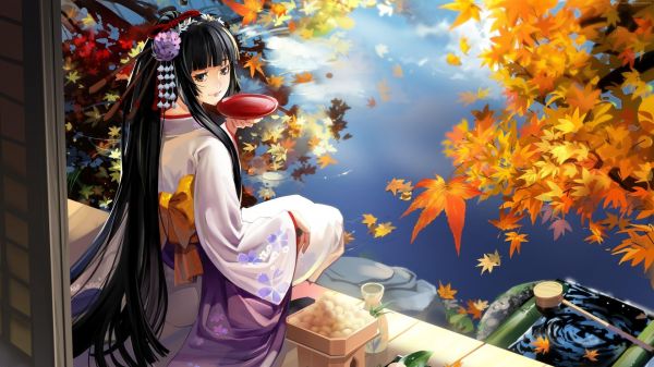 Anime Mädchen,lange Haare,Kimono,zurückblicken,schwarzes Haar,Wasser