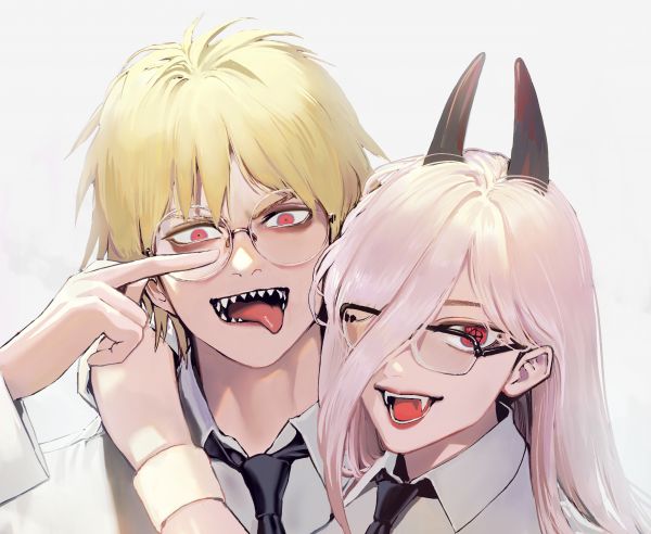 Chainsaw Man,Denji Chainsaw Man,blonde,Power Chainsaw Man,glasses,pink hair