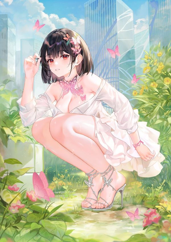 anime,anime girls,squatting,cleavage,butterfly,leaves