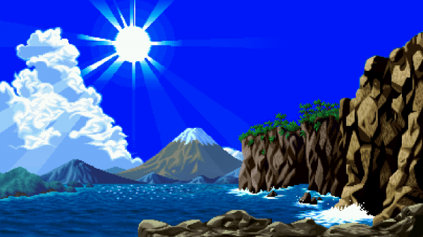 trees, digital art, pixel art, mountains, sea, water