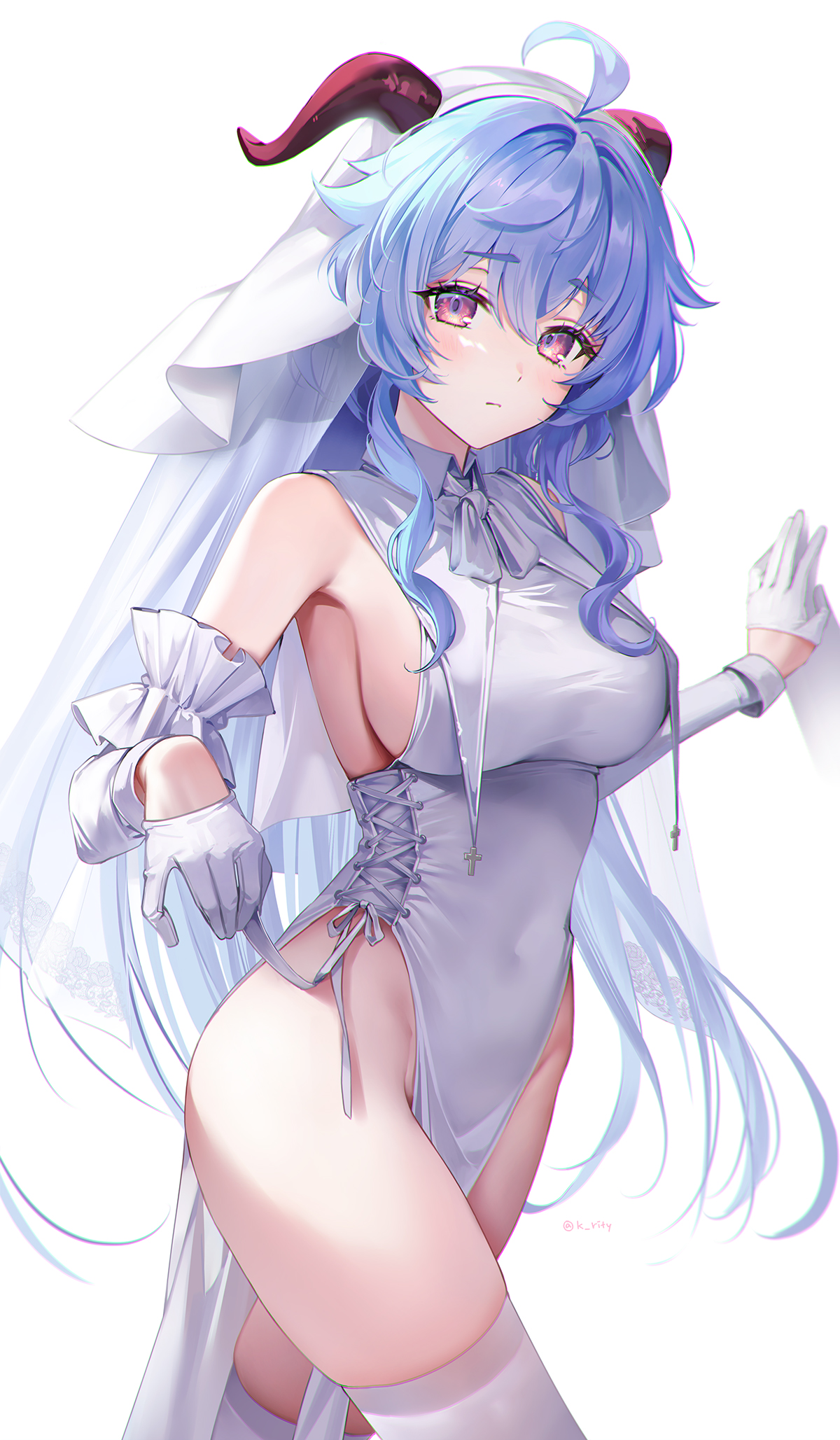 Genshin Impact, ouvrages d'art, Ganyu Genshin Impact, Anime, Filles anime, Cheveux bleus, goat girl, goat ears, coiffure, wedding attire, Sideboob, robe de mariée, gants, le maillot de corps, Bas blanc, fond blanc