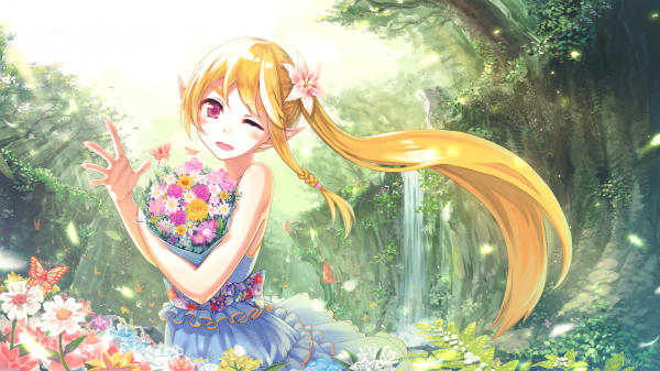 Illustration,blond,lange Haare,Anime,Wald,Blumen