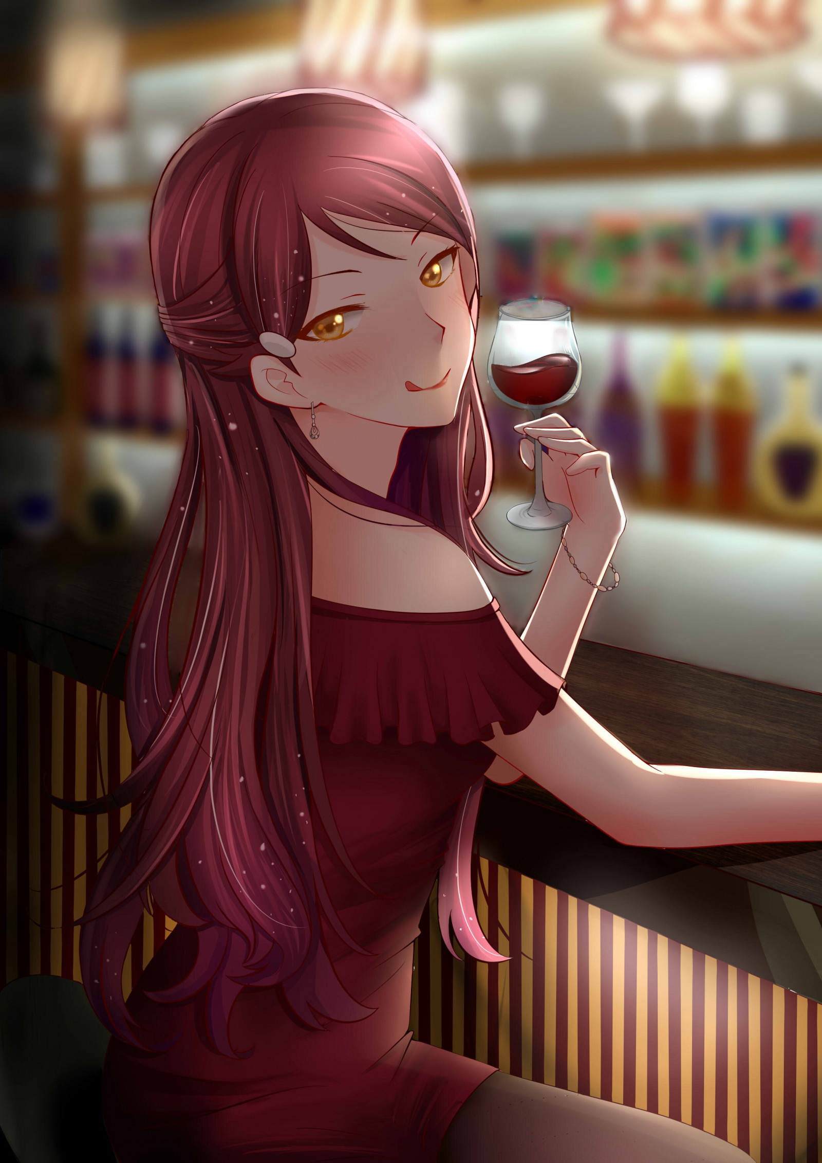 illustration, redhead, long hair, anime, anime girls, yellow eyes, Love Live, wine, Love Live Sunshine, Toy, Sakurauchi Riko, screenshot