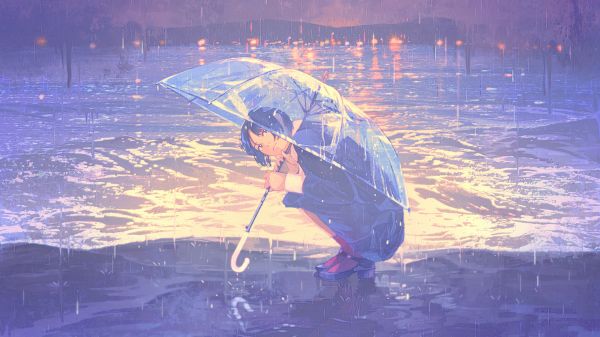 アニメの女の子,ビーチ,雨,傘,つまずく,街の明かり