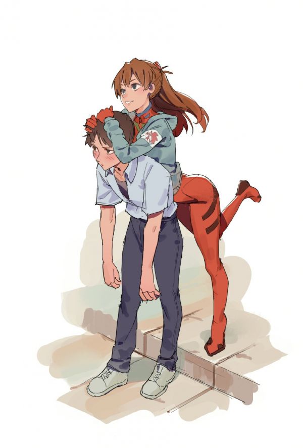 Neon Genesis Evangelion,Asuka Langley Soryu,Ikari Shinji,testa Rossa,coda di cavallo