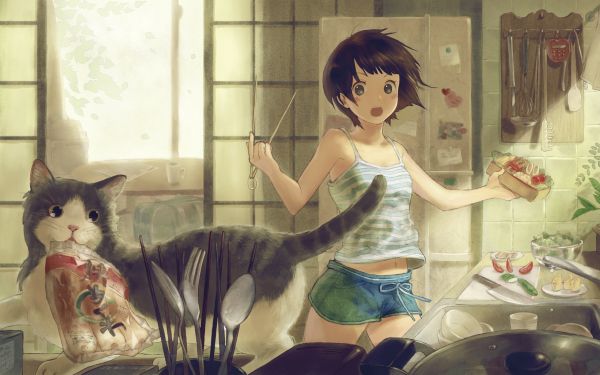 ilustración,gato,pintura,Anime,habitación,Obra de arte