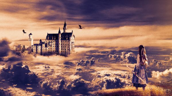 castle,clouds,landscape,photoshopped,sword,dragon