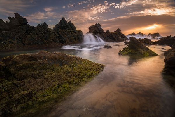 paisaje, cascada, mar, agua, luz de sol, puesta de sol