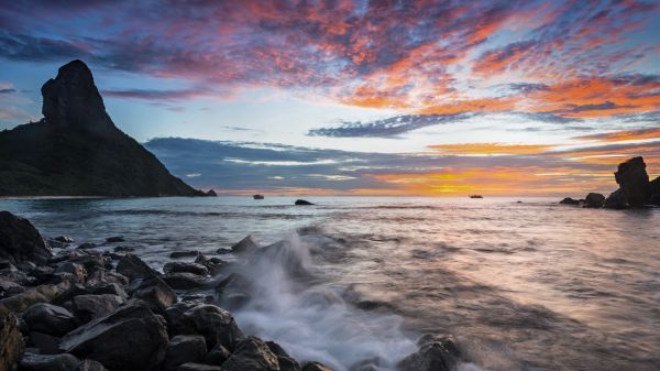 Felsen, Wellen, Berge, Sonnenuntergang, Wolken, Himmel