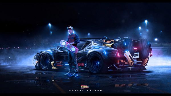 digital art, night, car, vehicle, artwork, Back to the Future