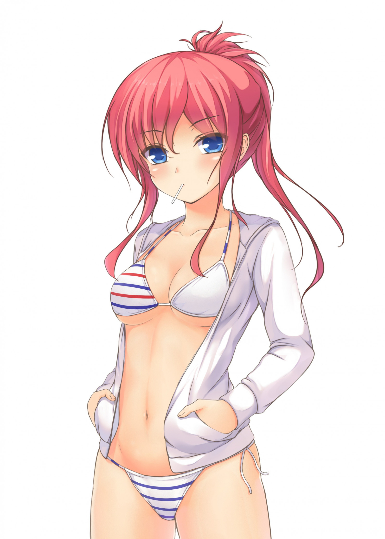 redhead, long hair, anime, anime girls, blue eyes, cartoon, black hair, cleavage, hair, mouth, bikini, open shirt, swimwear, clothing, underboob, mangaka