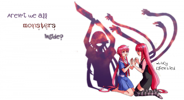 quote,Elfen Lied,Lucy Elfen Lied,Mirai Nikki,illustration,cartoon