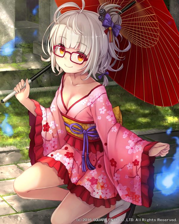 anime,anime girls,cleavage,kimono,umbrella,grey hair