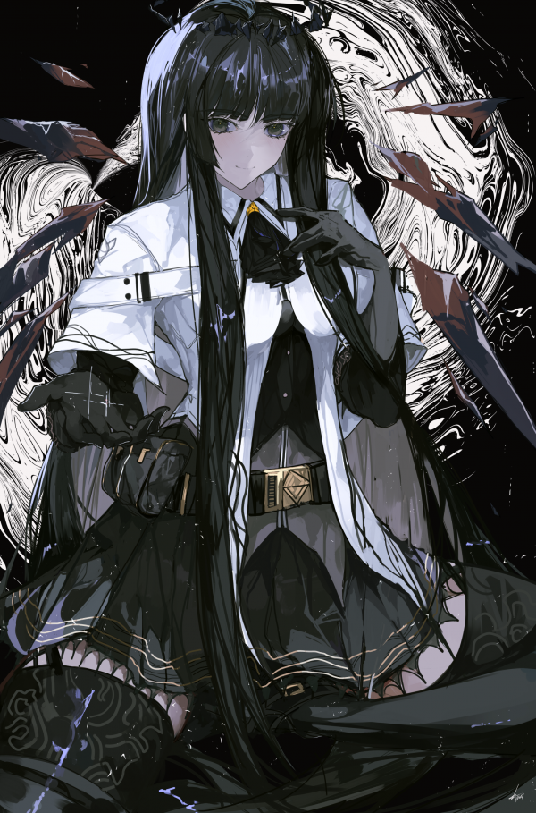 long hair,black hair,black eyes,black background,white jacket,black skirts