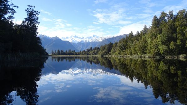 pohon,pemandangan,danau,refleksi,puncak bersalju,sungai