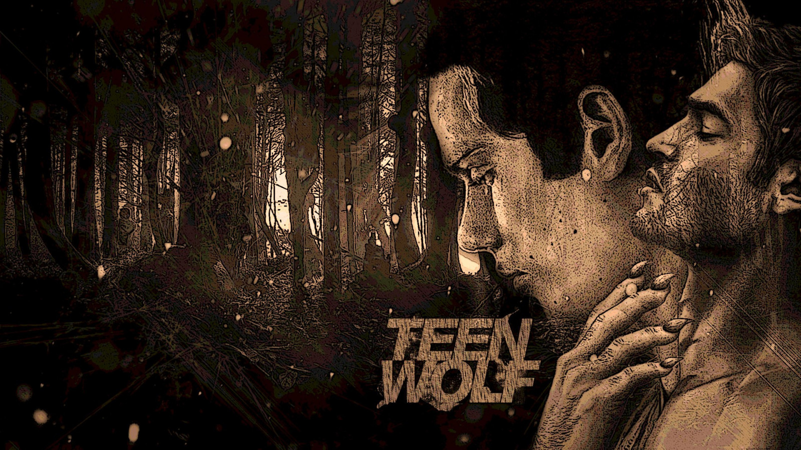 miehet, temppeli, yö-, mytologia, MTV: n Teen Wolf, teen Wolf, Dylan O Brien, Stiles Stilinski, Derek Hale, Tyler Hoechlin, Sterek, homoerotic, puu, valokuva, pimeys