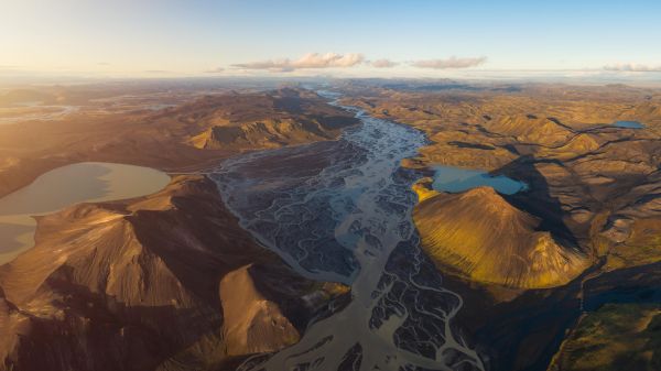 widok z lotu ptaka,Natura,krajobraz,Islandia,rzeka,Chmury