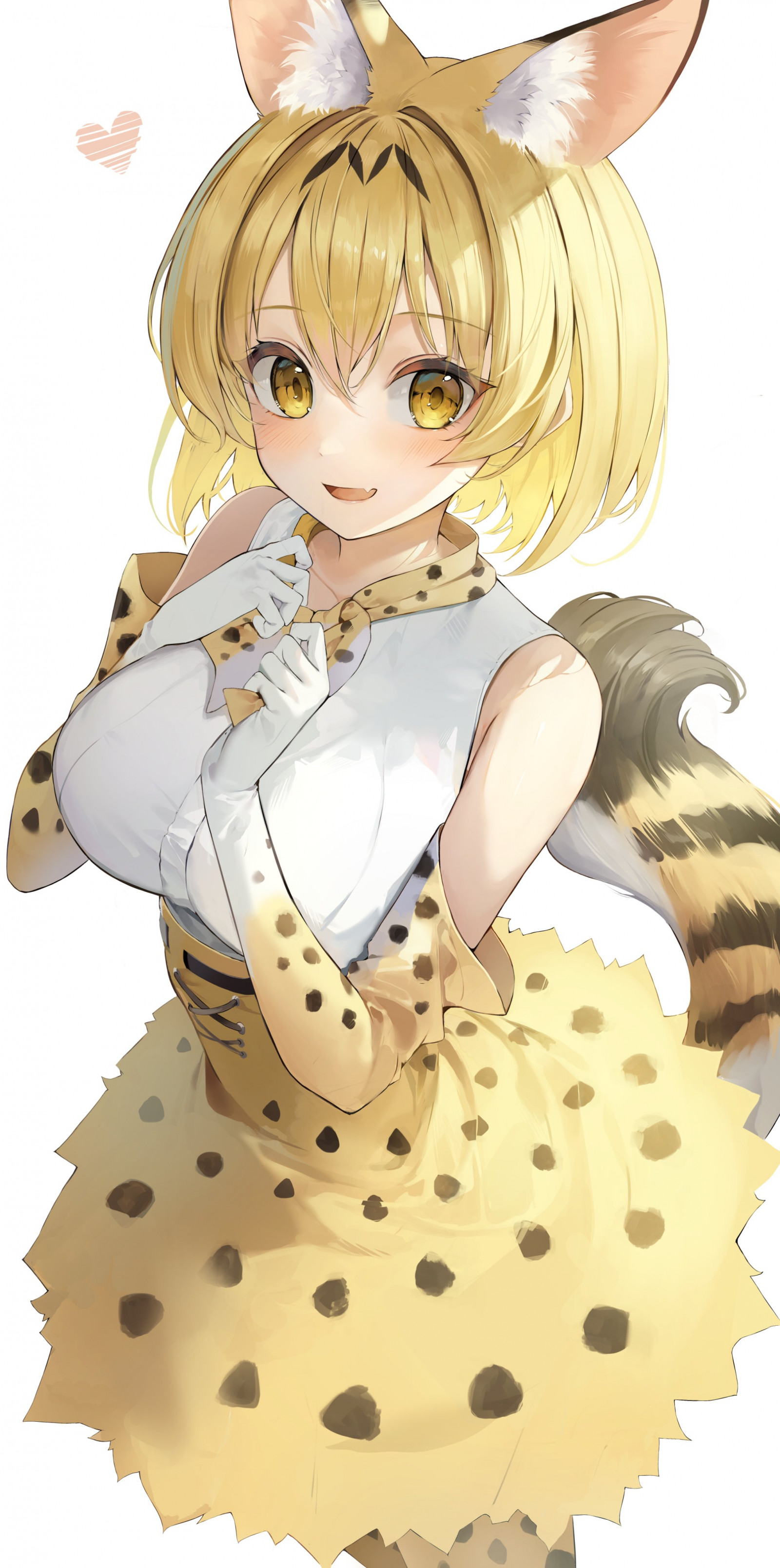 anime, κορίτσια anime, Serval Kemono Friends, Kemono Φίλοι, ξανθιά, κίτρινα μάτια, αυτιά των ζώων, ουρά, Animal Ears artist, γάντια, γάντια αγκώνα, απλό φόντο, λευκό φόντο, καρδιά, οθόνη πορτρέτο, φούστα