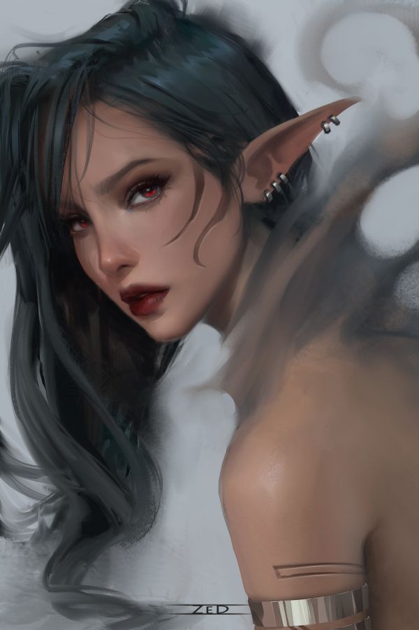 women,Trungbui,drawing,pointy ears,elves,lipstick