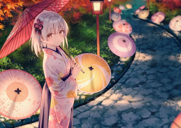 animemeisjes,kimono,paraplu,grijs haar,gele ogen,bladeren