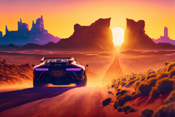 ai art,cyberpunk,synthwave,bil,solnedgang,Lamborghini