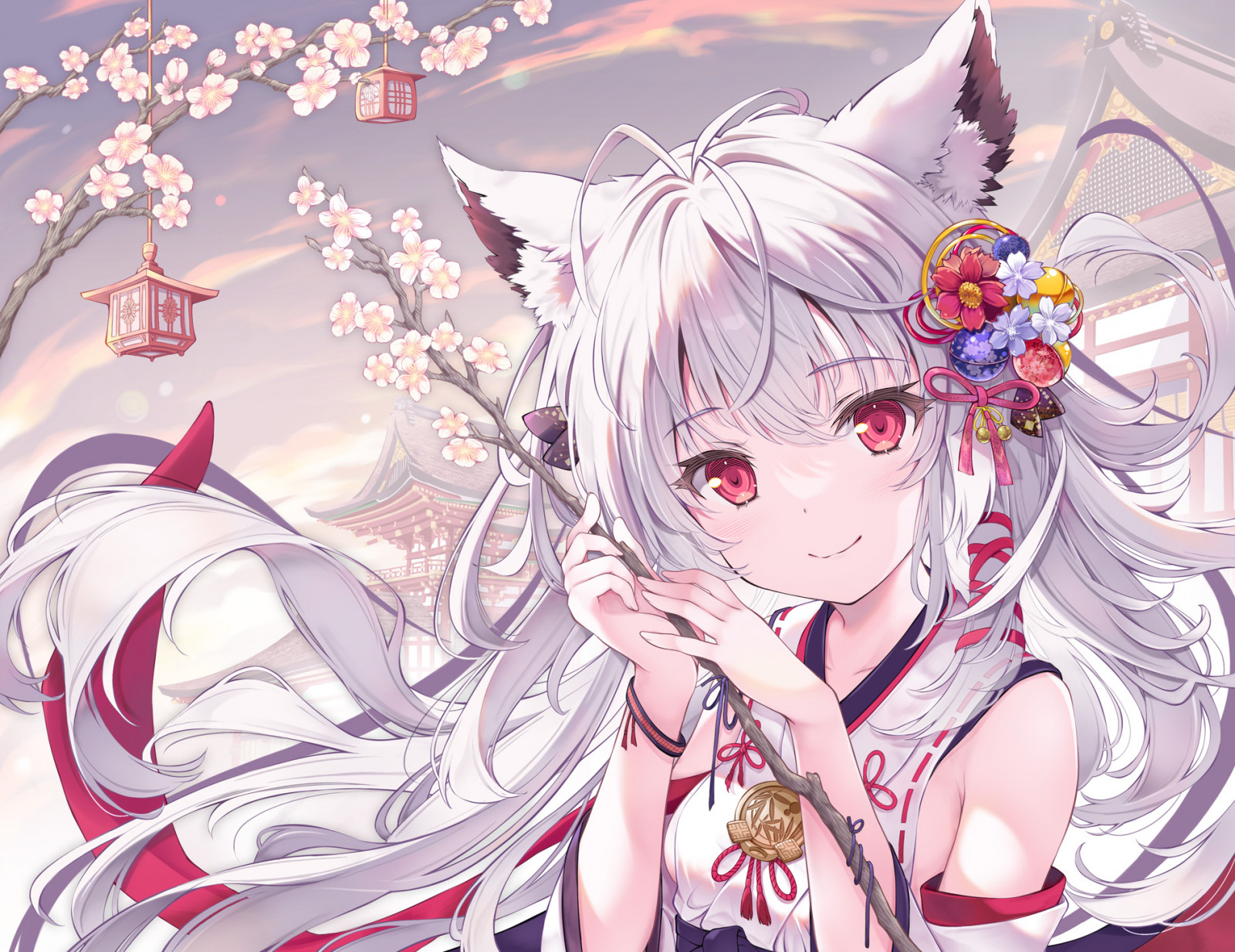 fox gadis, anime animals, rambut putih, anime games, mata merah, gadis anime, manga, Mentah